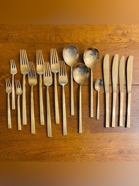 VTG Siam Gold ToneSolid Nickel Bronze Flatware Set 17 Pieces MCM Thailand